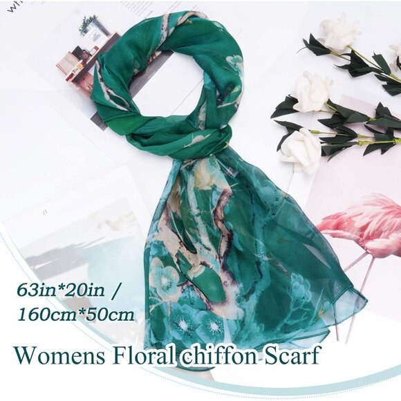 Women's Dark Green Fashion Lightweight Head Scarf Floral Print Chiffon Scarf - Picture 3 of 7